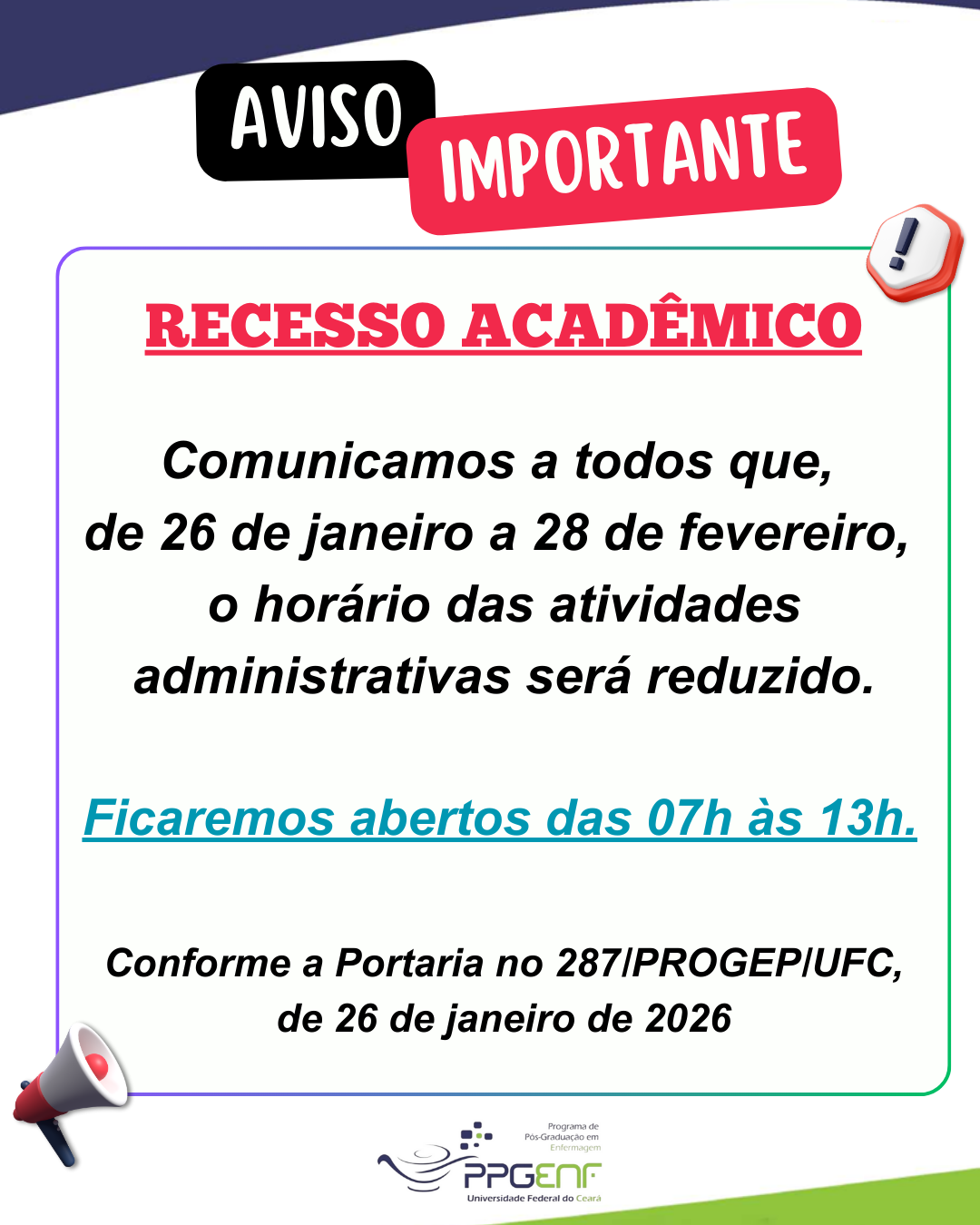 Horário das Atividades Administrativas Reduzidas – Recesso Acadêmico